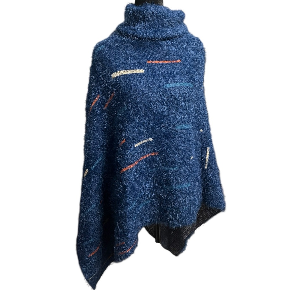 Cozy Blue Fuzzy Poncho Sweater - Turtleneck Shrug